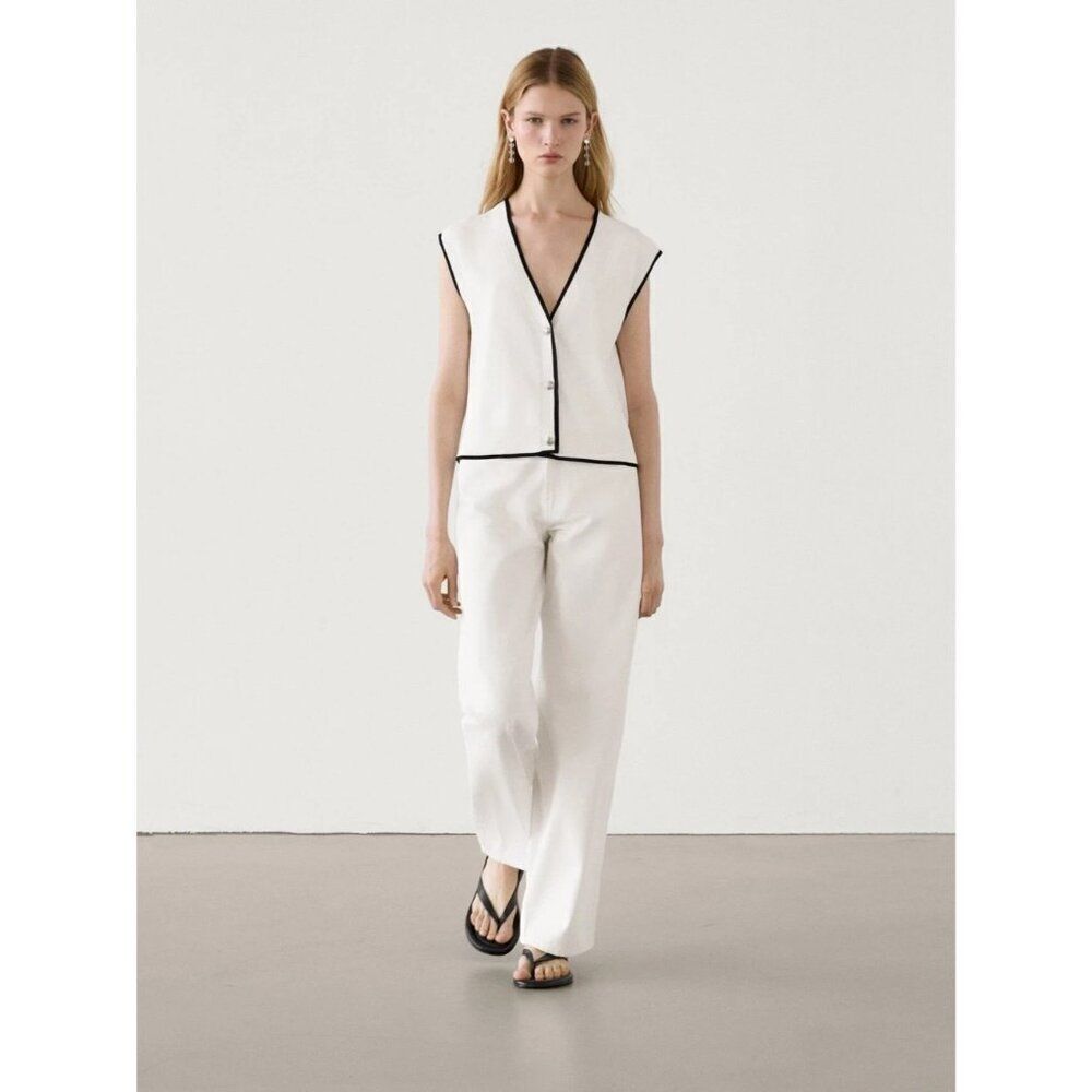 Massimo Dutti Womens Sweater Vest Size M White Knitted V-neck 5699/510 NWD